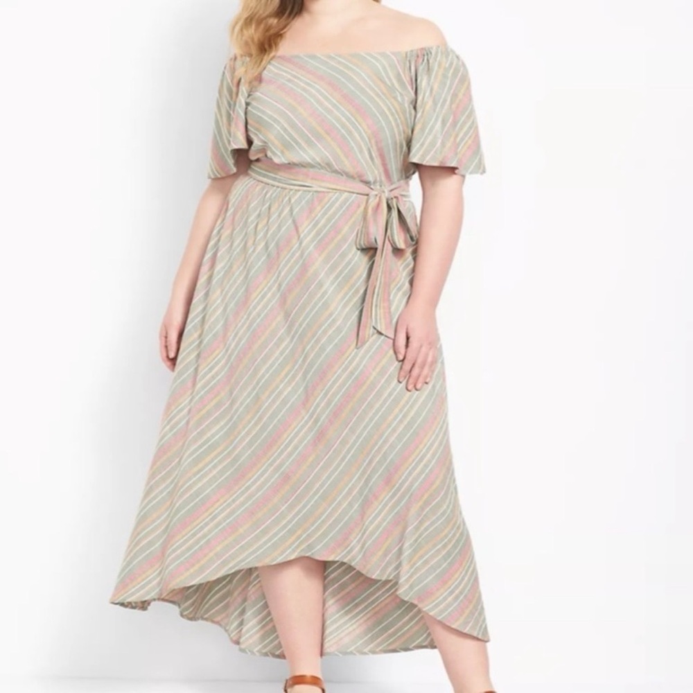 Lane Bryant Off-Shoulder Striped Midi Dress with Tie Waist